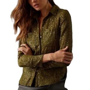 Anthropologie The Remie Sequin Buttondown Top Sz M Olive Green Sparkle Shirt